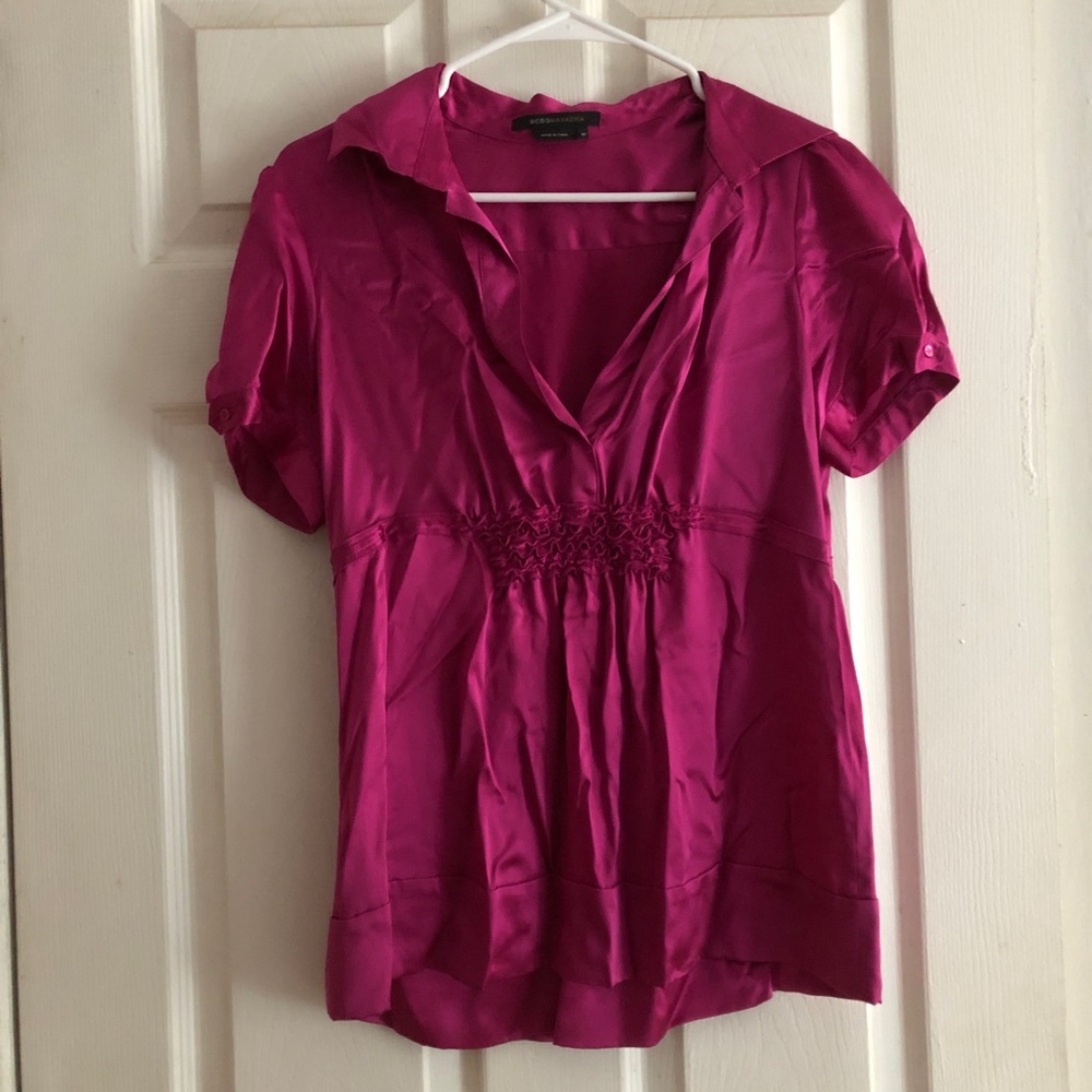 Silk Top BCBG Max Azria Stretch Dark Pink Short Sleeve Blouse sz M